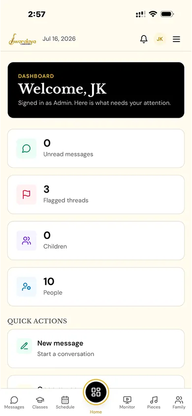 Swaralaya Studio dashboard on mobile